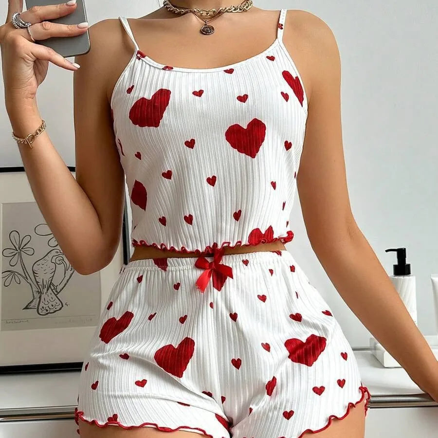 Women’s 2PCS Heart Print Pajama Set – Sleeveless Crop Top & Shorts