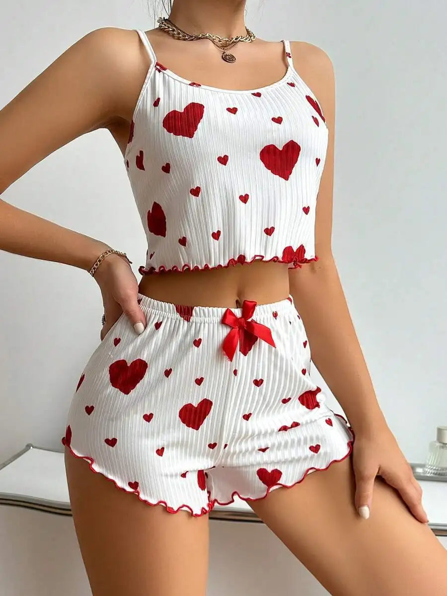 Women’s 2PCS Heart Print Pajama Set – Sleeveless Crop Top & Shorts