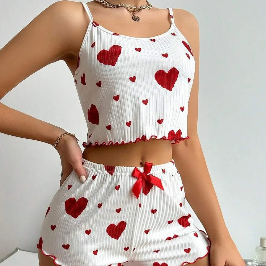 Women’s 2PCS Heart Print Pajama Set – Sleeveless Crop Top & Shorts