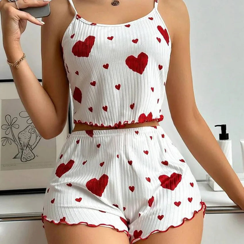 Women’s 2PCS Heart Print Pajama Set – Sleeveless Crop Top & Shorts
