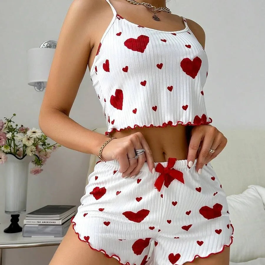 Women’s 2PCS Heart Print Pajama Set – Sleeveless Crop Top & Shorts