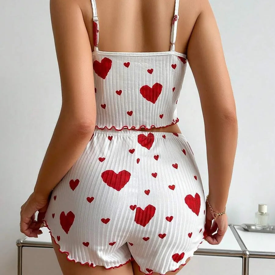Women’s 2PCS Heart Print Pajama Set – Sleeveless Crop Top & Shorts
