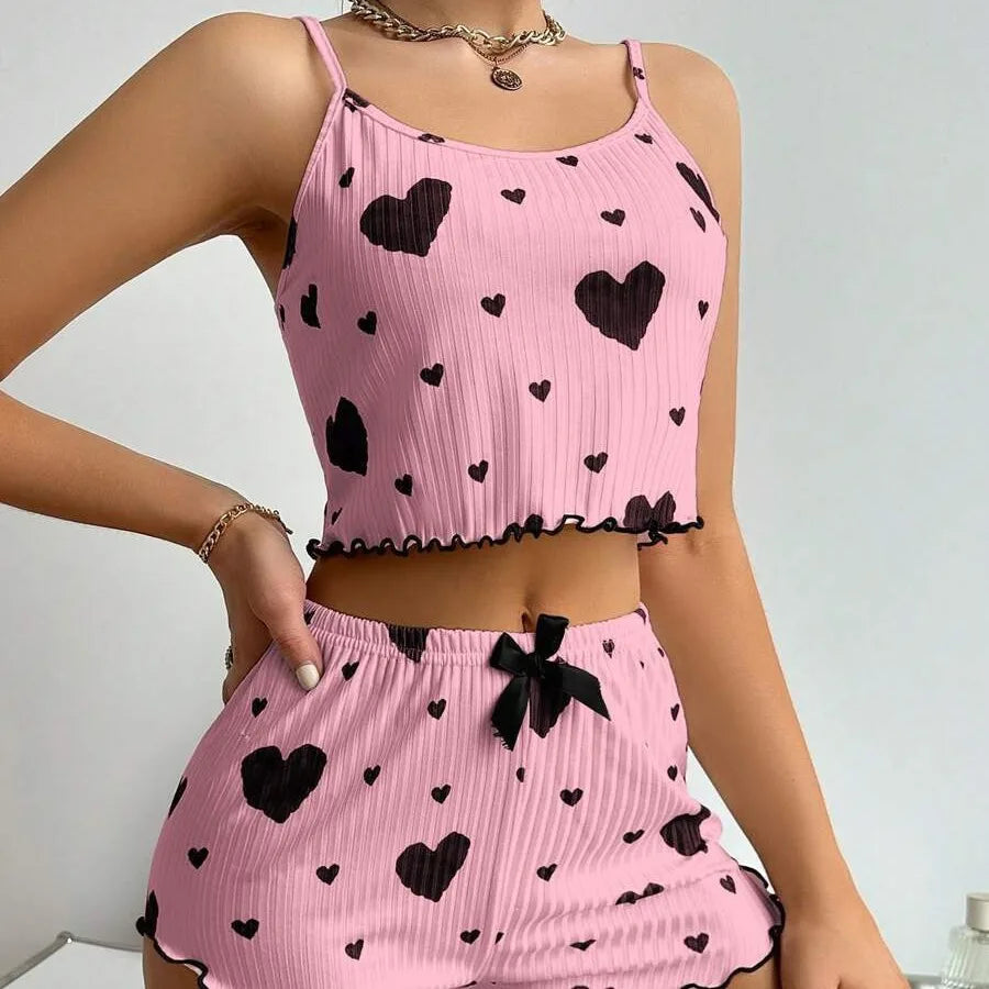 Women’s 2PCS Heart Print Pajama Set – Sleeveless Crop Top & Shorts