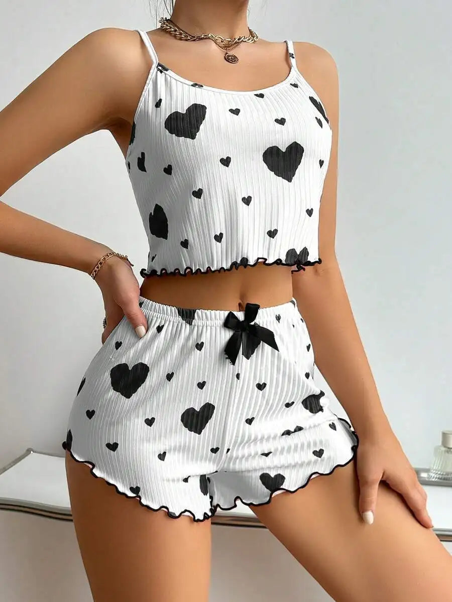 Women’s 2PCS Heart Print Pajama Set – Sleeveless Crop Top & Shorts