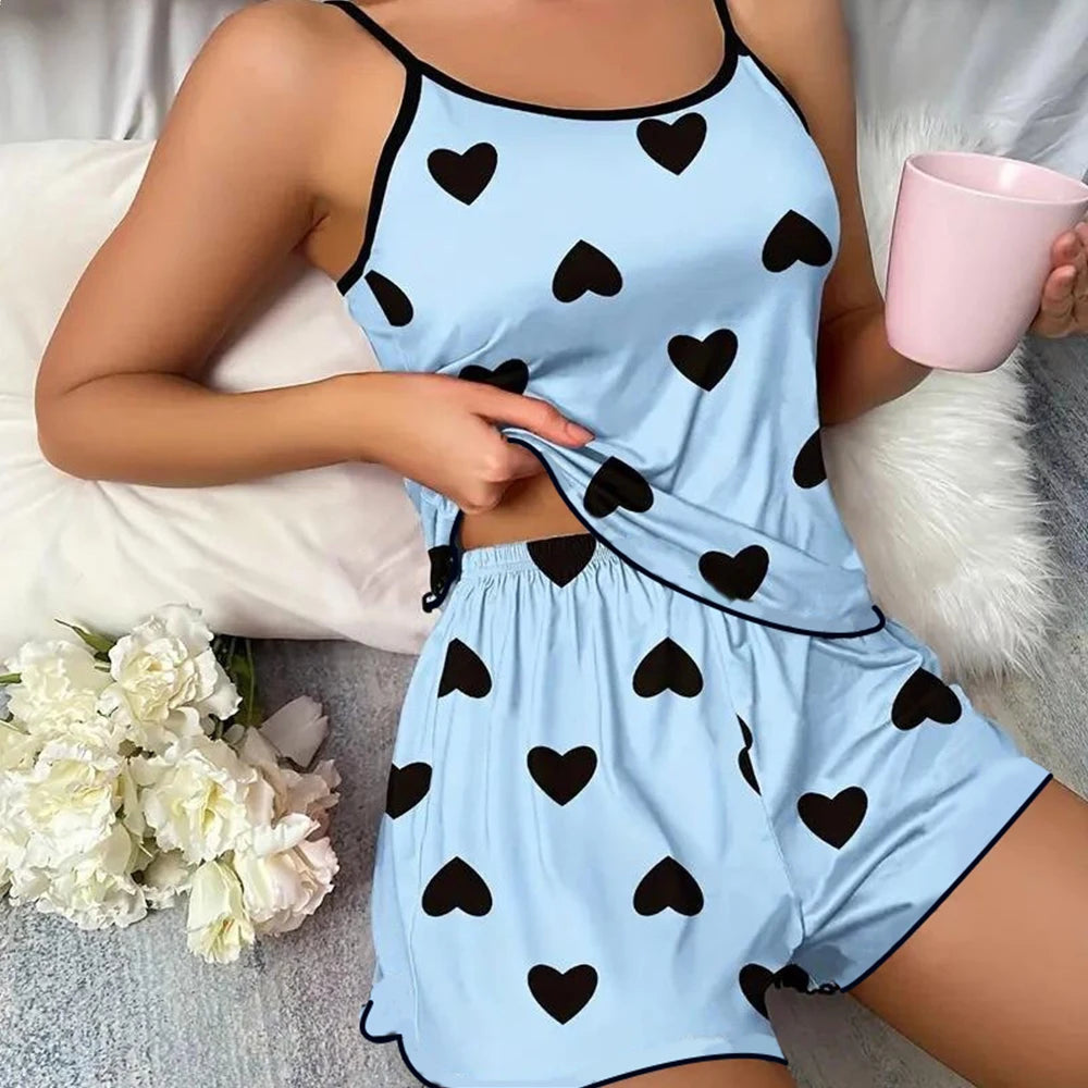 Women’s Pink Heart Pajama Set – Ice Silk T-Shirt & Shorts