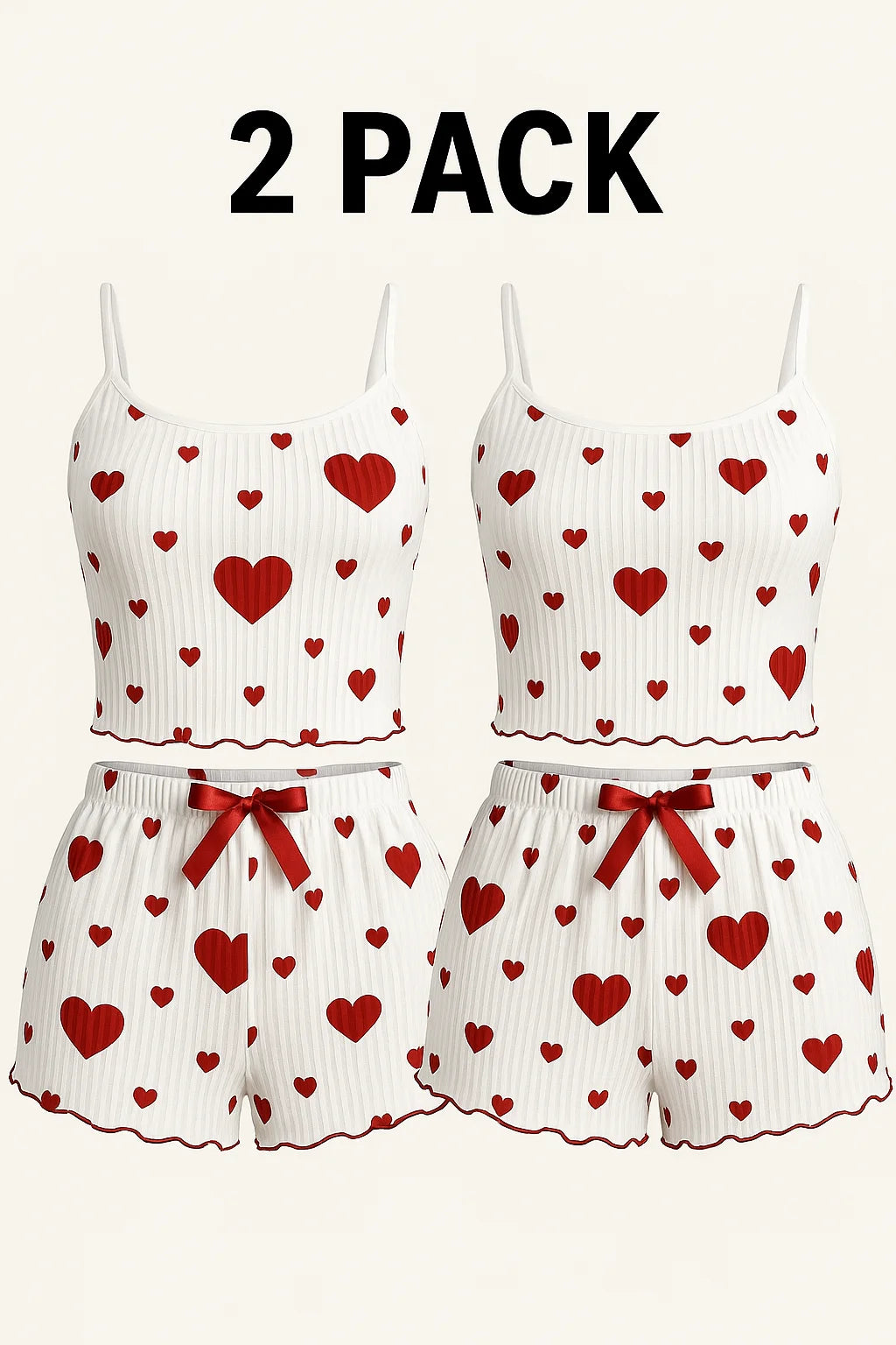 Women’s 2PCS Heart Print Pajama Set – Sleeveless Crop Top & Shorts