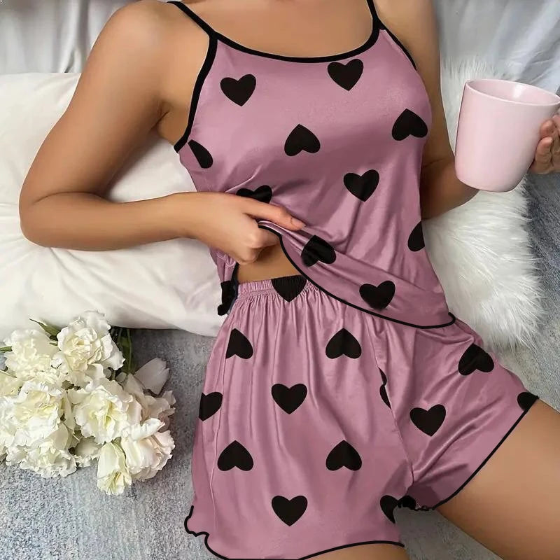 Women’s Pink Heart Pajama Set – Ice Silk T-Shirt & Shorts