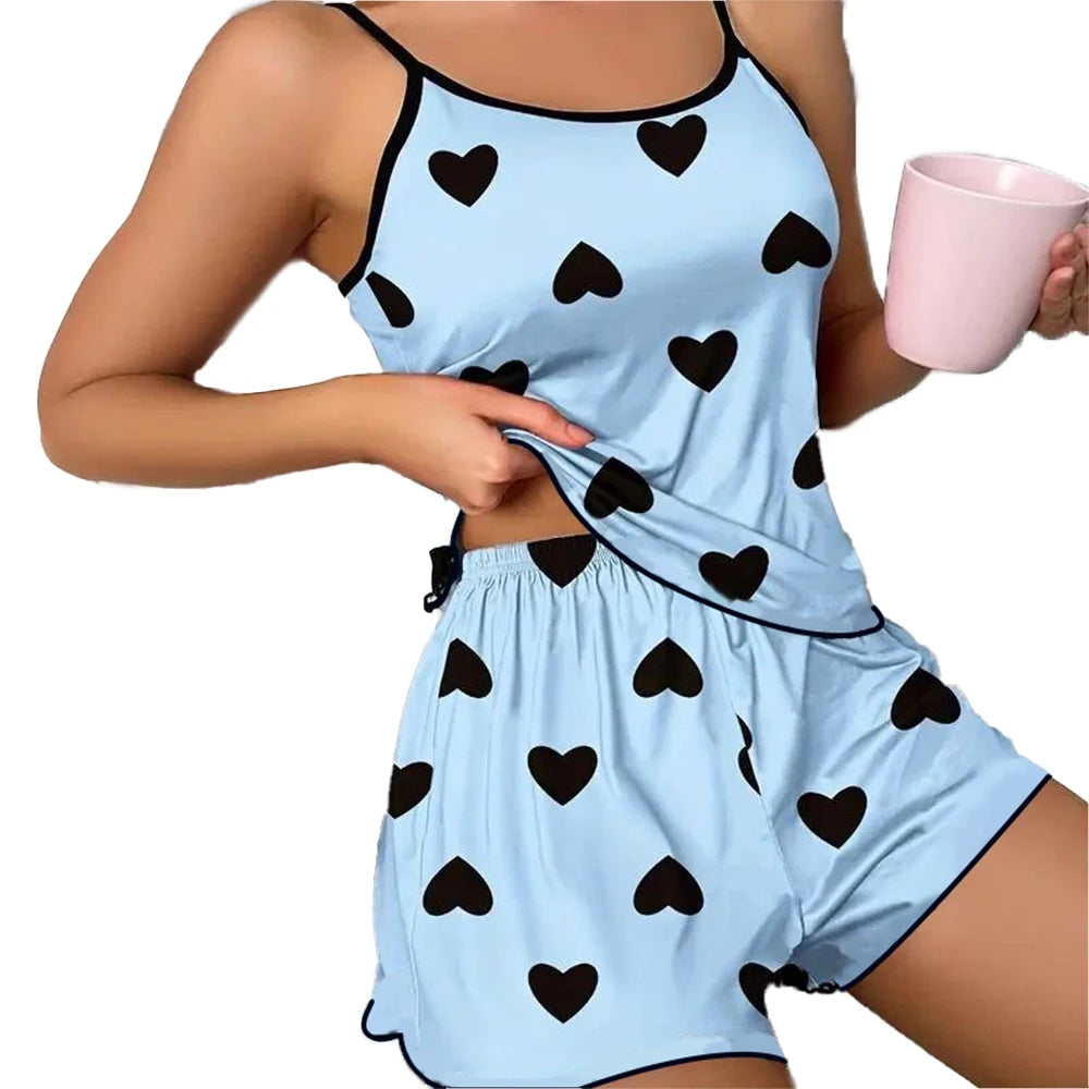 Women’s Pink Heart Pajama Set – Ice Silk T-Shirt & Shorts