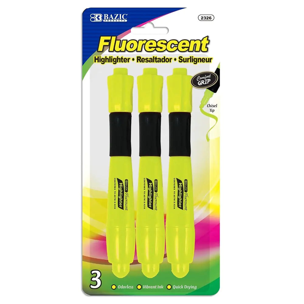 Yellow Fluorescent Highlighters – 3 Pack with Cushion Grip